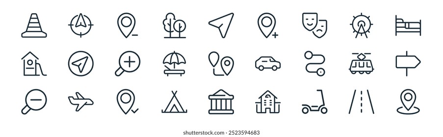 lineares Symbolpaket. Vektor dünne Linie Straße, Kompass, Pin-Karte, Riesenrad, Strand, Zeiger, Gebäude, Pin-Karte Symbole für Anwendungen und Websites ui Designs