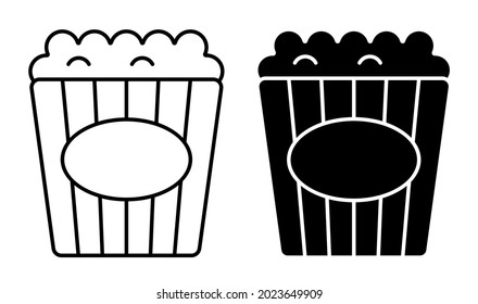 Linear icon. Packet of popcorn, bucket of airy dessert. Leisure at cinema. Simple black and white vector isolated on white background