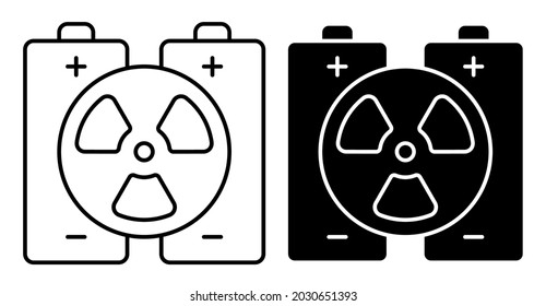 Linear Icon. Pair Of Batteries With Sign Of Atomic Energy. High Capacity Energy Storage Devices Based On Radioactive Elements. Simple Black And White Vector On White Background