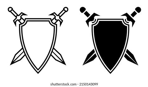 Linear Icon, Pair Of Crossed Knight Swords Against Background Of Shield. Emblem Of Old Royal Family. Simple Black And White Vector Isolated On White Background