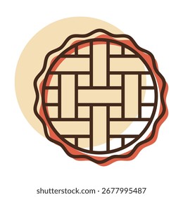 A linear icon with a partial color fill of a delicious pie with a classic woven lattice top crust. Ideal for bakery, pastry, and dessert concepts.