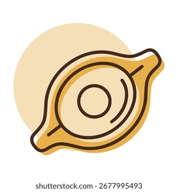 A linear icon with a partial color fill of traditional Georgian khachapuri bread with cheese and egg. Perfect for restaurant and cuisine concepts.