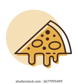 Um ícone linear com um preenchimento de cor parcial mostrando uma deliciosa fatia de pizza de queijo quente com queijo gotejando. Ideal para menus, restaurantes e conceitos de fast food.