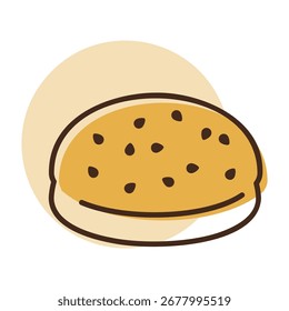 A linear icon with a partial color fill of a classic burger bun, topped with sesame seeds. Ideal for fast food, bakery, and grill concepts.