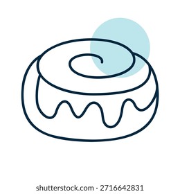 Un icono lineal con un relleno de color parcial de un delicioso rollo de canela dulce con glaseado. Ideal para diseños de panadería y confitería.