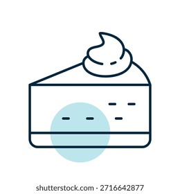 Un icono lineal con un relleno de color parcial de una deliciosa rebanada de tarta de queso cubierta con crema batida. Perfecto para menús, confitería y diseños de postres.