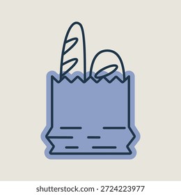 Un icono lineal con un relleno de color parcial que muestra una bolsa de papel llena de una baguette recién horneada y una hogaza de pan redonda.