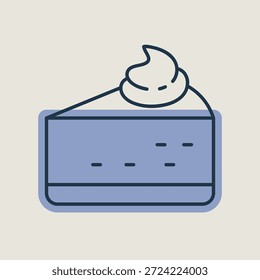 Un icono lineal con un relleno de color parcial de una deliciosa rebanada de tarta de queso cubierta con crema batida. Perfecto para menús, confitería y diseños de postres.
