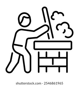 A linear icon of a person cleaning chimney with a stick