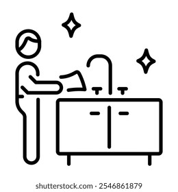 Ein lineares Symbol einer Person, die eine Küchenspüle reinigt