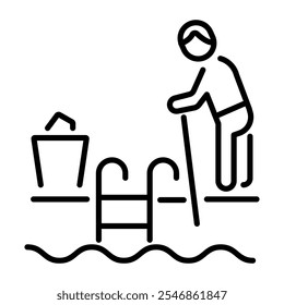 Un icono lineal de una persona limpiando una piscina con un skimmer de piscina