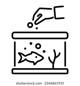 A linear icon of a person feeding fish in an aquarium 