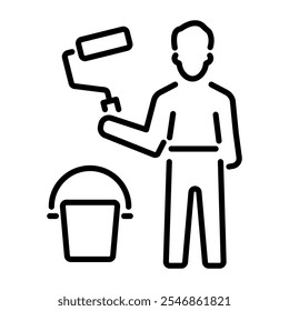 A linear icon of a person with a painting roller and bucket 