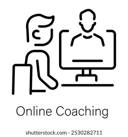 Linear icon of a person sitting in front of a computer for online coaching