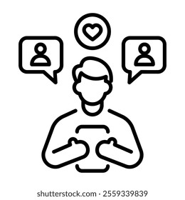 A linear icon of a person using social media 