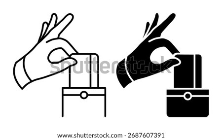 Linear icon. Pickpocket hand deftly and quietly removes a credit card from victim pocket. Simple black and white vector isolated on white background