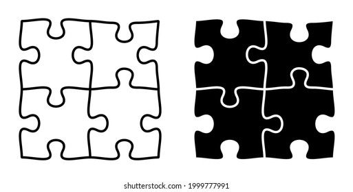 Linear icon. Pieces of puzzle are connected together. Teamwork. Combining efforts. Puzzle toy for children development. Simple black and white vector
