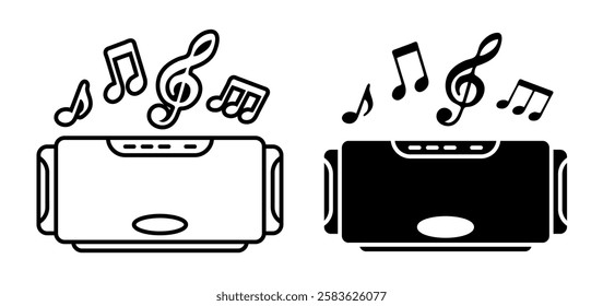 Linear icon, portable music speaker front view. Listening to music in nature and in noisy company of friends. Simple black and white vector isolated on white background