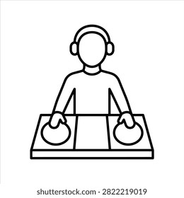 Linear icon of a professional disc jockey wearing headphones while mixing music on a turntable.