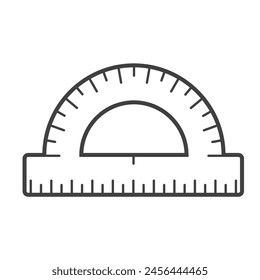 Linear icon of a protractor, a tool for measuring angles in drawings and mathematics. This black and white vector illustration features a simple, minimalistic design in a linear style.