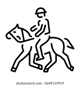 A linear icon representing a character doing horse riding 