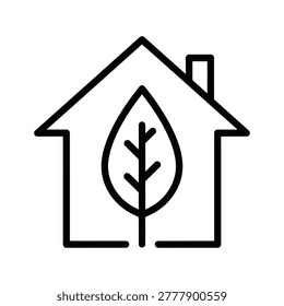 Linear icon representing a house integrated with a leaf symbol. This graphic style conveys environmental awareness and sustainable living. Ideal for eco-friendly brands, sustainability reports, or real estate marketing.