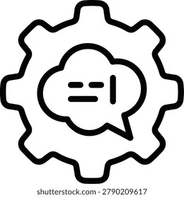 A linear icon representing technical support or programming assistance, featuring a gear shape enclosing a speech bubble with code syntax symbols.