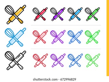 Linear icon ROLLING PIN, WHISK of bakery, cooking. Premium quality outline symbol for web graphics and print