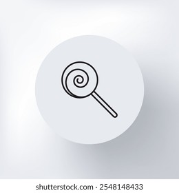 Linear icon of a round candy on a stick, minimalist design on a light gray background, round template.