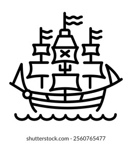 A linear icon of a sailing ship 