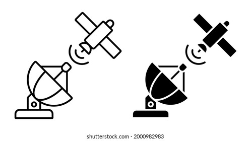 Linear icon. Satellite fly and transmit communication signal to radio antenna. Satellite communication and GPS navigation. Simple black and white vector