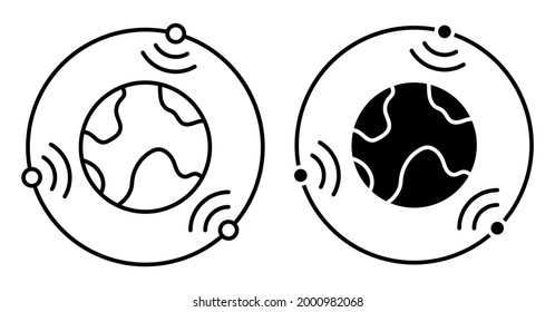 Icono lineal. Los satélites vuelan en órbita alrededor del planeta Tierra y transmiten la señal de comunicación. Comunicación por satélite y navegación por GPS. Vector simple en blanco y negro