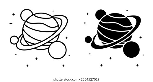 Linear icon, Saturn planetary cluster with satellites. Watching satellites on orbit around planet in space. Simple black and white vector isolated on white background