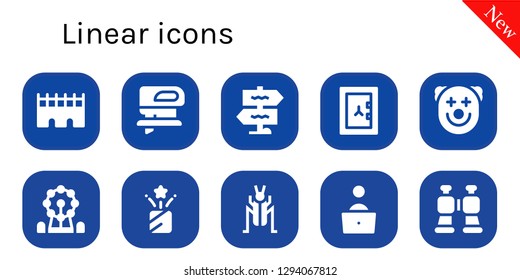  linear icon set. 10 filled linear icons. Simple modern icons about  - Bridge, Fretsaw, Signpost, Safebox, Clown, Ferris wheel, Confetti, Cricket, Blogger, Binoculars