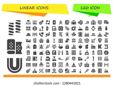  linear icon set. 120 filled linear icons. Simple modern icons about  - Marshmallow, Dental, Fabric, Terrace, Momentum, Pineapple, Talk, Invoice, Cricket, Safebox, Gym bag, Esteem