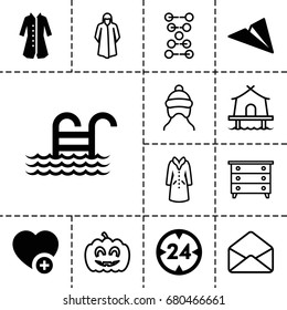 Linear icon. set of 13 filled and outline linear icons such as overcoat, add favorite, pool ladder, 24 hour, paper plane, baby cap, nightstand, envelope, pumpkin haloween
