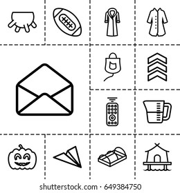 Linear icon. set of 13 outline linearicons such as udder, overcoat, greenohuse, envelope, drop counter, pumpkin haloween, decanted, tent, remote control, arrow