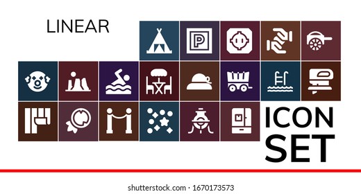 linear icon set. 19 filled linear icons.  Simple modern icons such as: Tent, Clown, Wallpaper, Coconut, Line, Confetti, Alchemy, Fridge, Canyon, Swimming, Terrace, Pamela, Carriage