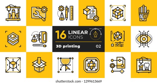 Conjunto de iconos lineales de impresión 3D y modelado 3D. Adecuado para presentaciones, aplicaciones móviles, sitios web, interfaces e impresión