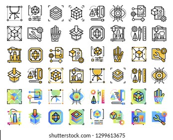 Linear icon set of 3D printing and 3D modeling. Suitable for presentation, mobile apps, website, interfaces and print