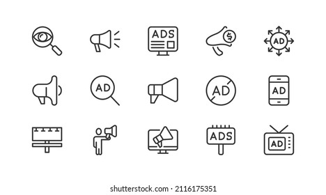 Linear icon set of advertisment. Editable vector signs. Trendy outline pictograms. Premium pack of advertisment thin line icons. 