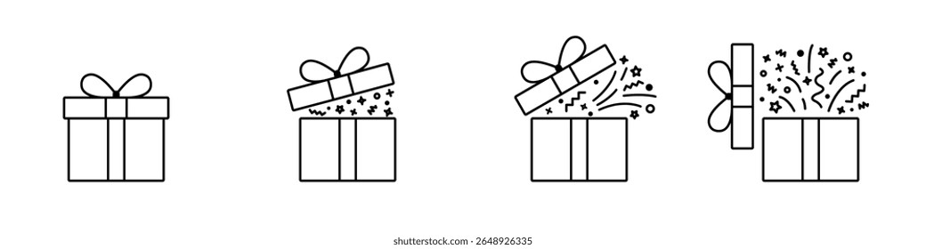 Linear icon set of animated gift boxes in progressive stages of opening with festive elements like sparkles and confetti. Vector illustration.