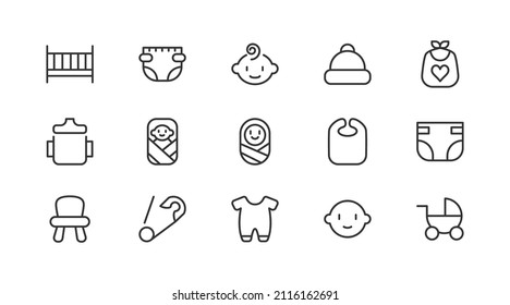 Juego de iconos lineales del bebé. Signos vectoriales editables. Pictogramas de diseño. Paquete premium de iconos de línea delgada para bebés. 