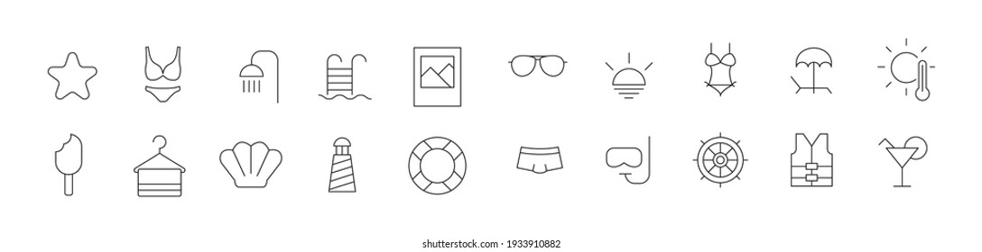 Linear icon set of beach. Editable vector signs. Trendy outline pictograms. Premium pack of beach thin line icons. 