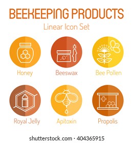 Linear icon set with beekeeping products (honey, beeswax, bee pollen, royal jelly, apitoxin, propolis). Thin line style. Bright and warm color palette with tints of yellow and brown