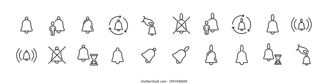 Linear icon set of bell. Editable vector signs. Trendy outline pictograms. Premium pack of bell thin line icons. 