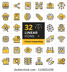 Linear icon set of cloud computing, internet technology, data secure. Suitable for infographics, websites, print media and interfaces