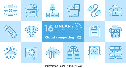 Linear icon set of cloud computing, internet technology, data secure. Suitable for presentation, mobile apps, website, interfaces and print