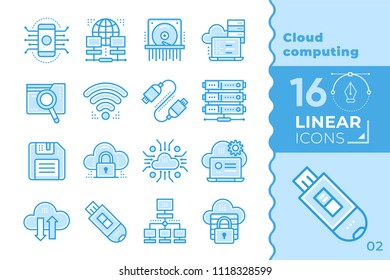 Lineare Icon-Reihe von Cloud-Computing, Internet-Technologie, Datensicherheit. Geeignet für Präsentationen, mobile Apps, Website, Schnittstellen und Druck