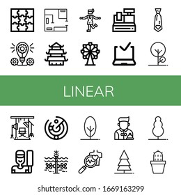 linear icon set. Collection of Puzzle, Concept, Blueprint, Temple, Charleston, Ferris wheel, Cash register, Approved delivery, Necktie, Tree, Studio, Cricket, Radar, Tidal icons